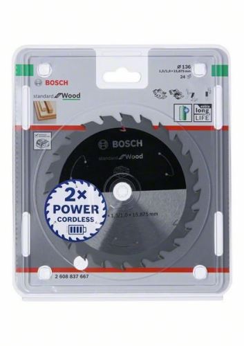 BOSCH Pânză de ferăstrău pentru ferăstrău cu acumulator; Standard pentru lemn 136x15.875x1.5/1.0x24T 2608837667