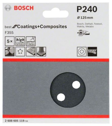 Hârtie abrazivă BOSCH F355, pachet de 5 125 mm, 240 2608605119