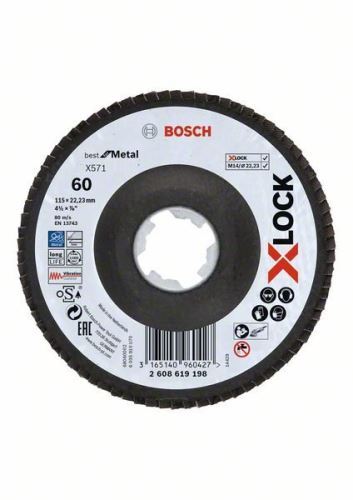 BOSCH X-LOCK Roți de șlefuit cu clapete din sistemul Best for Metal Ø 115 mm, G 60, X571, versiune îndoită, fibră de sticlă 2608619198