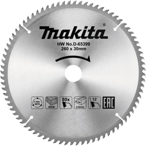 Pânză de ferăstrău MAKITA pentru lemn 260x30mm 80Z D-65399