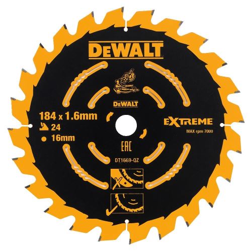 Pânză de ferăstrău DeWALT EXTREME pentru ferăstrău circular fără fir, 184 x 16 mm, 24 dinți DT1669