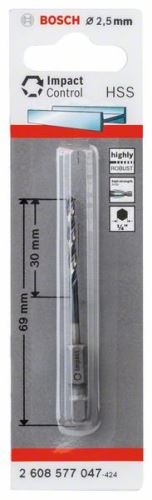 Burghiu elicoidal BOSCH cu tijă hexagonală HSS 2,5 mm 2,5 x 30 x 69 mm 2608577047