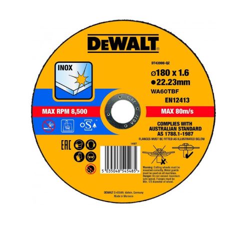 Disc de tăiere DeWALT pentru oțel inoxidabil (Tip 1) 180 x 22,2 x 1,6 mm DT43908