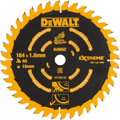 Pânză de ferăstrău DeWALT EXTREME, 184 x 16 mm, 40 dinți DT1668