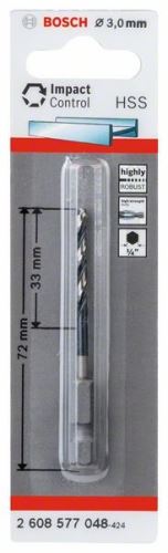 Burghiu elicoidal BOSCH cu tijă hexagonală HSS 3,0 mm 3 x 33 x 72 mm 2608577048