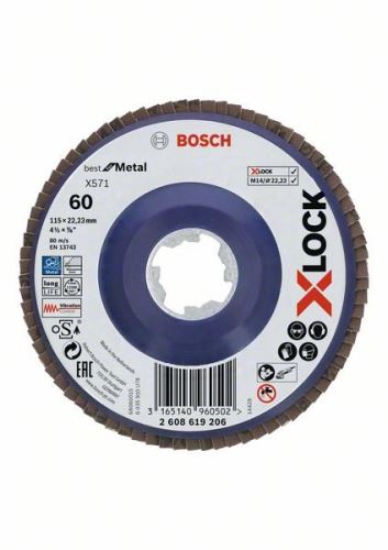 BOSCH X-LOCK Roți de șlefuit cu clapete din sistemul Best for Metal Ø 115 mm, G 60, X571, versiune dreaptă, plastic 2608619206