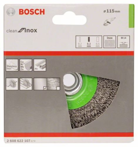 Perie de sârmă BOSCH Disc, sârmă ondulată, 115, oțel inoxidabil 115 mm, 0,3 mm, M14 2608622107