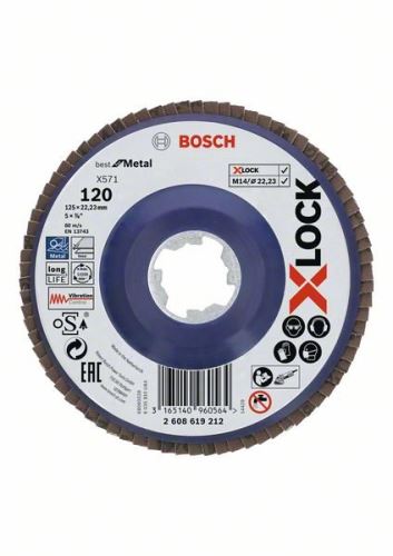 BOSCH X-LOCK Roți de șlefuit cu clapete din sistemul Best for Metal Ø 125 mm, G 120, X571, versiune dreaptă, plastic 2608619212