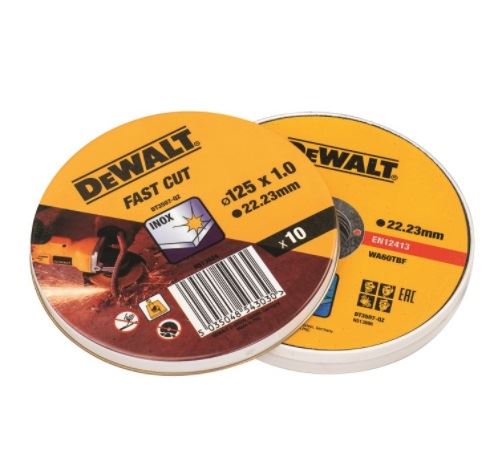 Set de discuri de tăiere DeWALT pentru oțel inoxidabil, plat, 125 x 22,2 x 1,0 mm (10 buc) DT3507