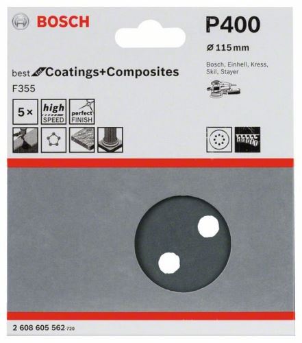 Hârtie șlefuită BOSCH F355, pachet de 5 115 mm, 400 2608605562