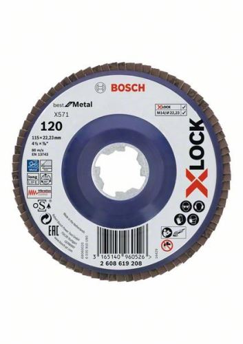 BOSCH X-LOCK Roți de șlefuit cu clapete din sistemul Best for Metal Ø 115 mm, G 120, X571, versiune dreaptă, plastic 2608619208