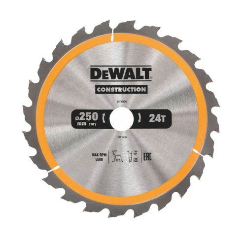 Pânză de ferăstrău DeWALT (ideal pentru ferăstraie FLEXVOLT) ATB 10°, 250 x 30 mm, 24 dinți DT1956