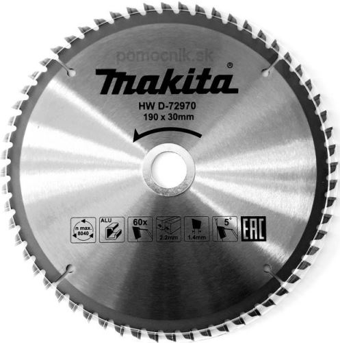 Pânză de ferăstrău MAKITA aluminiu TCT 190x2,2x30 mm 60 dinți D-72970