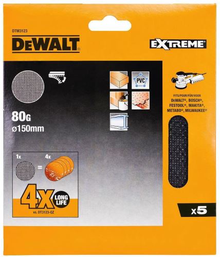 DeWALT Grilă de șlefuit EXTREME P80 pentru șlefuitoare excentrice, 150 mm, (10 buc) DTM3133