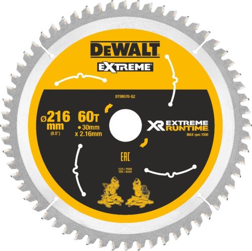 Pânză de ferăstrău DeWALT (ideal pentru ferăstrău FLEXVOLT), 216 x 30 mm, 60 de dinți DT99570