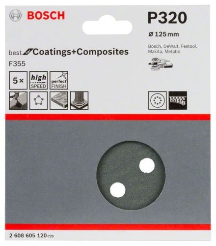 Hârtie șlefuită BOSCH F355, pachet de 5 125 mm, 320 2608605120