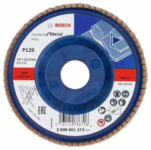 Disc abraziv cu clapete BOSCH X431, Standard pentru metal 115 mm, 22,23 mm, 120 2608601273