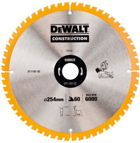 Pânză de ferăstrău DeWALT CONSTRUCTION cu cuie, 254 x 30 mm, 60 dinți DT1182