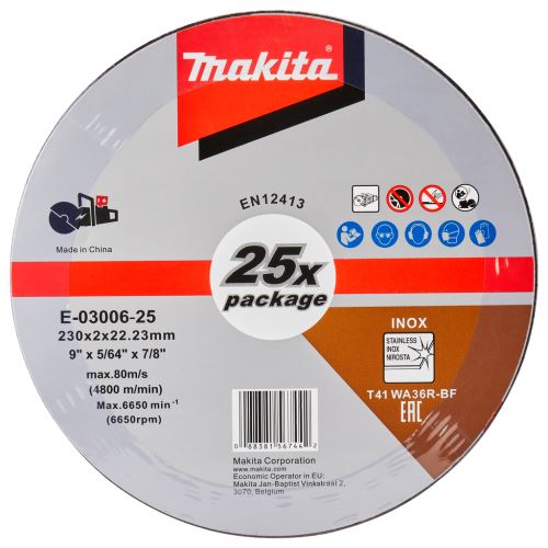 Disc de tăiere din oțel inoxidabil MAKITA 230x2,0x22,23 mm, 25 buc E-03006-25