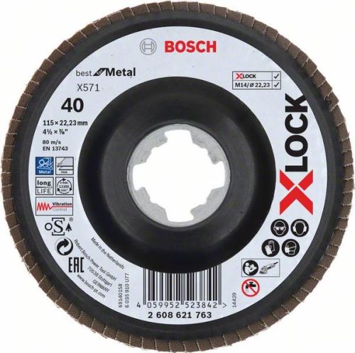 BOSCH X-LOCK Roți de șlefuit cu clapete din sistemul Best for Metal Ø 115 mm, G 40, X571, versiune îndoită, plastic 2608621763