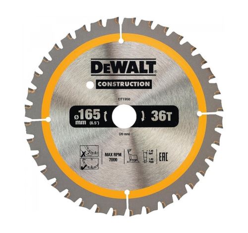 Pânză de ferăstrău DeWALT pentru lemn, 165 x 20 mm, 40 dinți, FTOP 3°, lățime lamă 1 mm DT1950