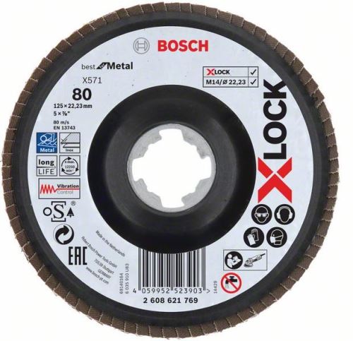 BOSCH X-LOCK Roți de șlefuit cu clapete din sistemul Best for Metal Ø 125 mm, G 80, X571, versiune îndoită, plastic 2608621769