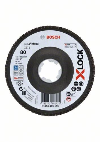 BOSCH X-LOCK Roți de șlefuit cu clapete din sistemul Best for Metal Ø 115 mm, G 80, X571, versiune îndoită, fibră de sticlă 2608619199