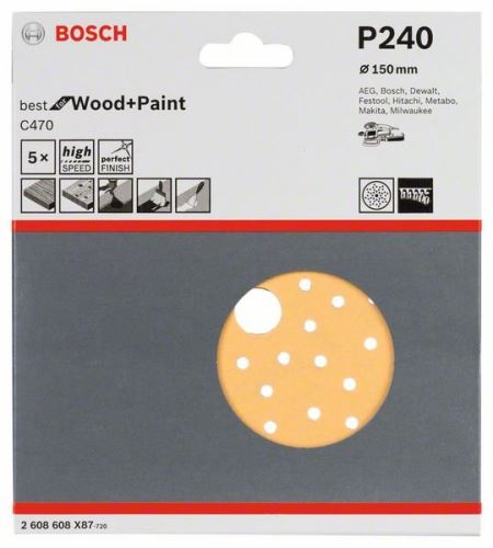 Hârtii șlefuite BOSCH C470 pentru șlefuitoare excentrice, Best for Wood and Vops, diametru 150 mm, 240 multi-perforare (5 buc) 2608608X87