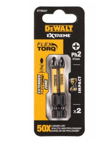 Bit de șurubelniță DeWALT Torsion 57 mm, PH2, EXTREME (2 buc) DT70532T