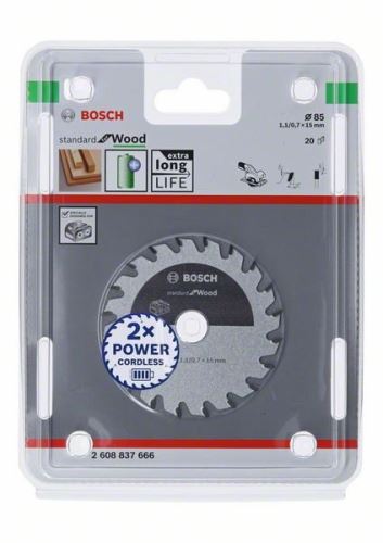 BOSCH Pânză de ferăstrău pentru ferăstrău cu acumulator; Standard pentru lemn 85x15x1,1/0,7x20T 2608837666