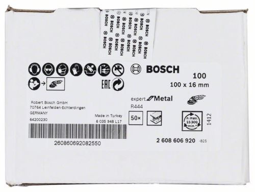 Disc abraziv din fibre BOSCH R444, Expert pentru metal 100 mm, 16 mm, 100 2608606920