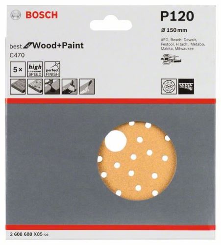 Hârtii șlefuite BOSCH C470 pentru șlefuitoare excentrice, Best for Wood and Vops, diametru 150 mm, 120 perforații multiple (5 buc) 2608608X85