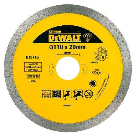 Disc diamantat DeWALT pentru tăietorul de faianță 110 x 20 mm pentru tăierea marmurei, porțelanului, granitului DT3715