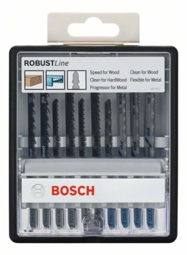 Set de pânze de ferăstrău BOSCH din 10 piese pentru ferăstrău alternativ, linii robuste pentru lemn și metal, cu tijă T, Robust Line Wood și Metal T 244 D; T 144 D; T 101 AO; T 101 B; T 101 AOF; T 101 BF; T 118 EOF; T 118 AF; T 118 BF; T 123 X 2607010542