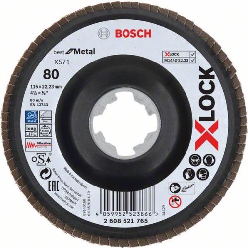 BOSCH X-LOCK Roți de șlefuit cu clapete din sistemul Best for Metal Ø 115 mm, G 80, X571, versiune îndoită, plastic 2608621765