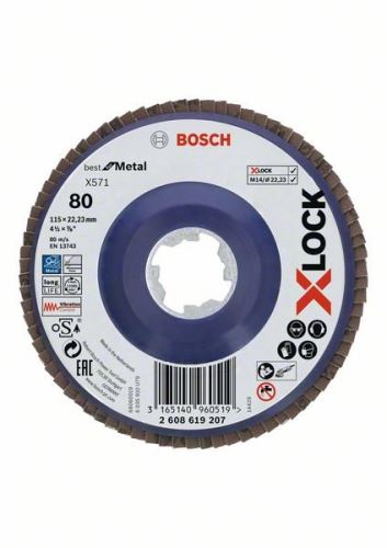 BOSCH X-LOCK Roți de șlefuit cu clapete din sistemul Best for Metal Ø 115 mm, G 80, X571, versiune dreaptă, plastic 2608619207