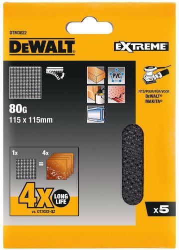 Plasă de șlefuit DeWALT, Velcro, 115 x 115 mm, P80 (5 buc) DTM3022