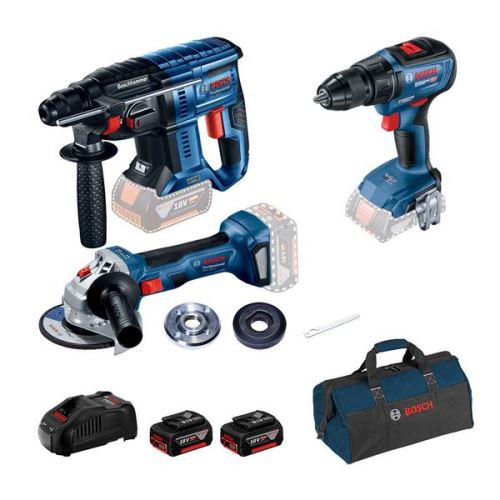 Set Bosch Professional: GBH 180-LI + GSR 18V-50 + GWS 180-LI + 2× GBA 18V 5.0Ah + 0615990M32