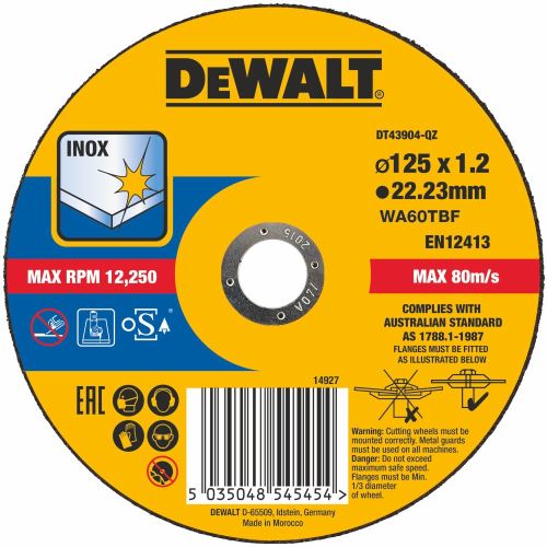 Disc de tăiere DeWALT pentru oțel inoxidabil 125 x 22,2 x 1,2 mm DT43904