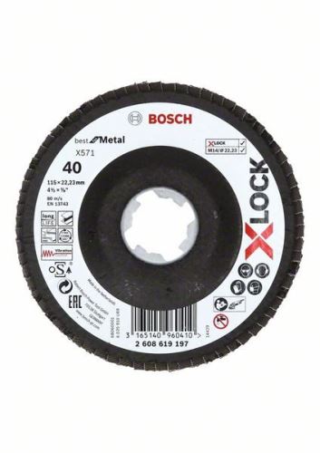 BOSCH X-LOCK Roți de șlefuit cu clapete din sistemul Best for Metal Ø 115 mm, G 40, X571, versiune îndoită, fibră de sticlă 2608619197