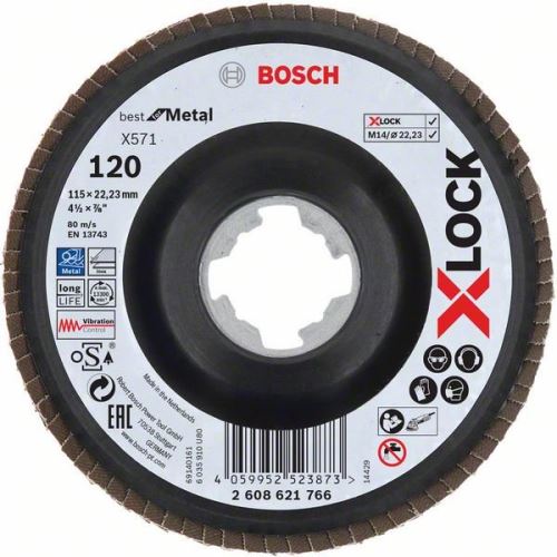 BOSCH X-LOCK Roți de șlefuit cu clapete din sistemul Best for Metal Ø 115 mm, G 120, X571, versiune îndoită, plastic 2608621766