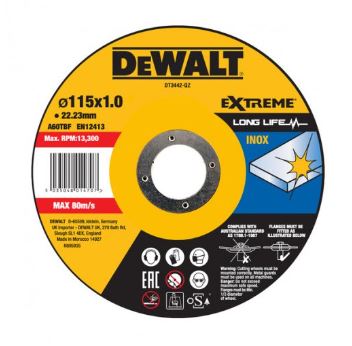 Disc de tăiere DeWALT din oțel inoxidabil 115 x 1 x 22,23 mm DT3442