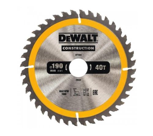 Pânză de ferăstrău DeWALT 190 x 30 mm, 40 dinți, ATB 10°, lățime lamă 1,7 mm, tăiere universală DT1945