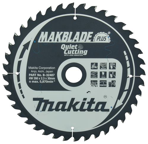 Pânză de ferăstrău MAKITA pentru lemn MAKBLADEplus 260x2,3x30mm 40Z B-32487