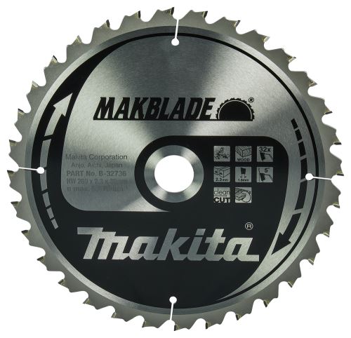 Pânză de ferăstrău pentru lemn MAKITA MAKBLADE 260x2,3x30 mm 32 dinți B-32736