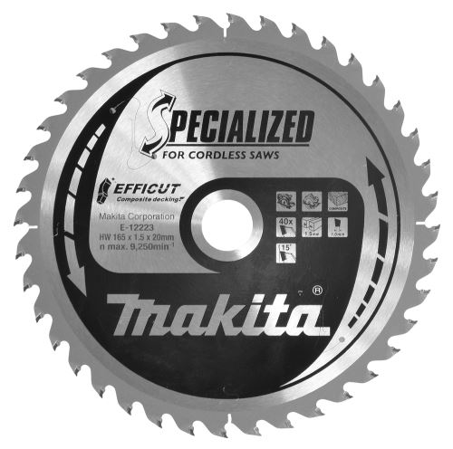 Pânză de ferăstrău MAKITA lemn compozit Efficut 165x1,5x20 mm 40 dinți E-12223