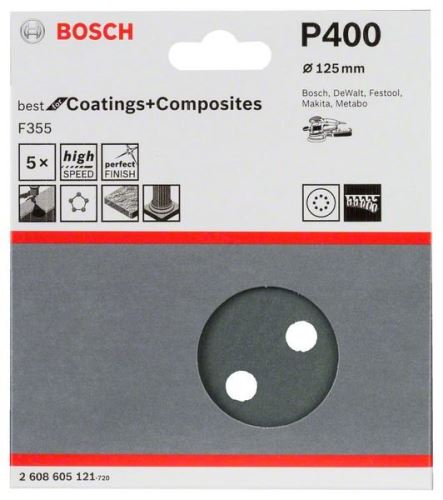 Hârtie șlefuită BOSCH F355, pachet de 5 125 mm, 400 2608605121