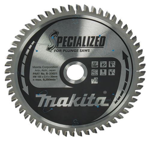 Pânză de ferăstrău MAKITA aluminiu SPECIALIZED 165x2,4x20 mm 56 dinți pentru ferăstrău plonjat B-33021